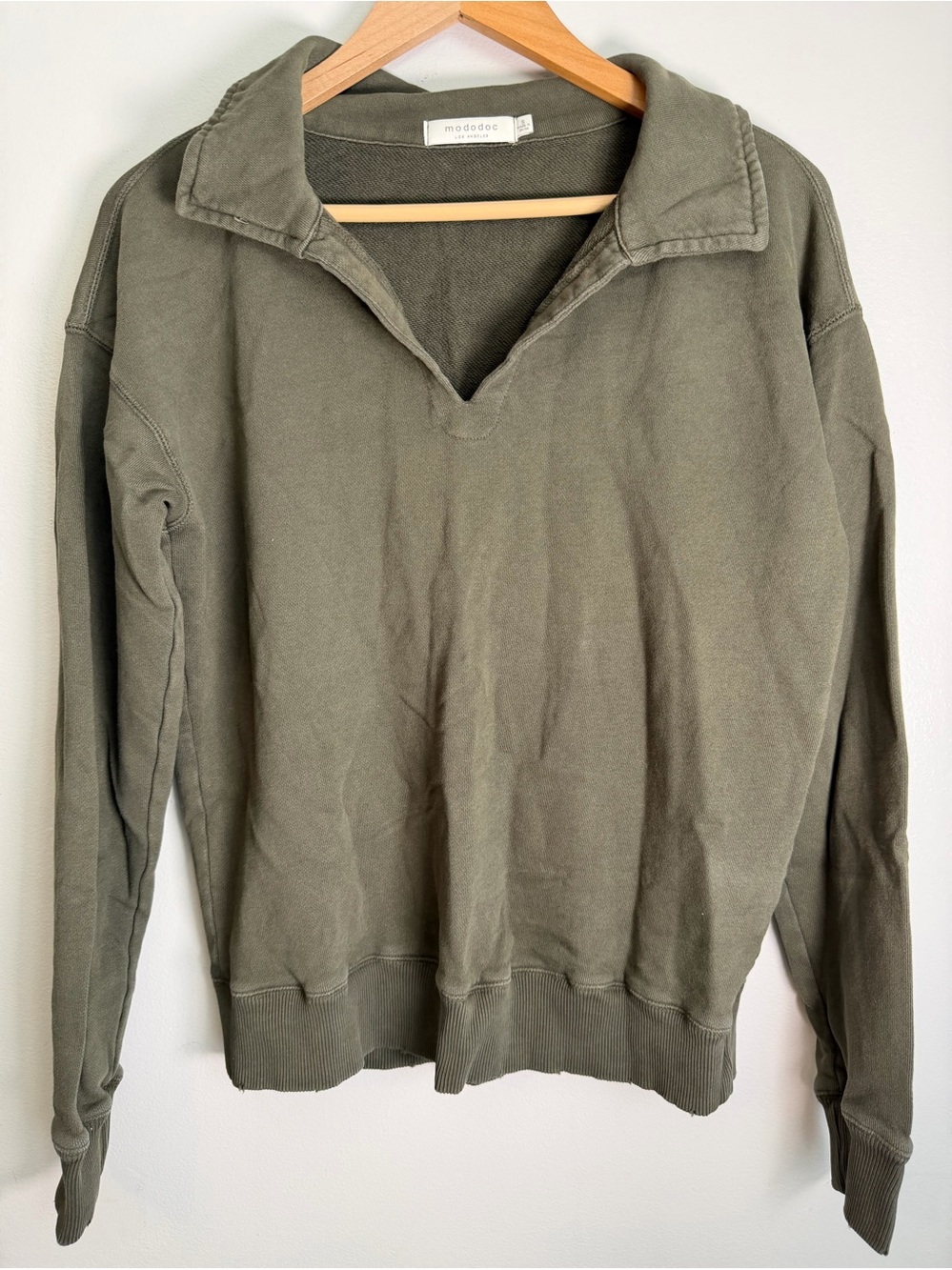 Mod-o-doc Olive Green Split-Neck 100% Cotton Sweatshirt, Small